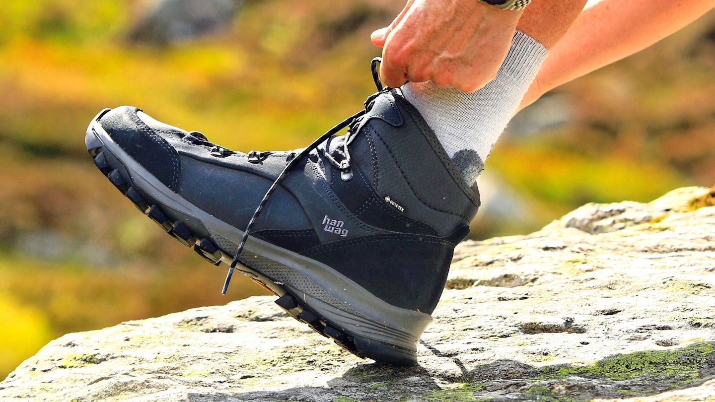 Lacing up Hanwag women's walking boot