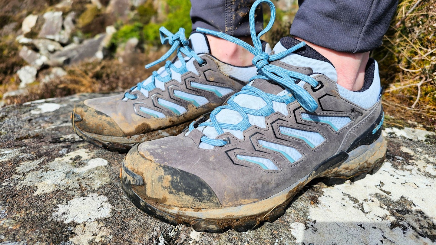 Closeup of LFTO tester wearing Scarpa Moraine GTX shoes